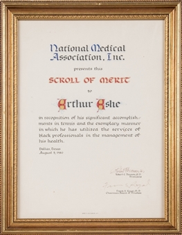1980 Arthur Ashe Medical Association Scroll Of Merit Award Certificate Framed (University Archives LOA)